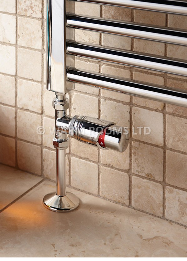 Drayton TRV4 Straight Thermostatic Radiator Valve fitted to a towel rail (also comes complete with lockshield valve)